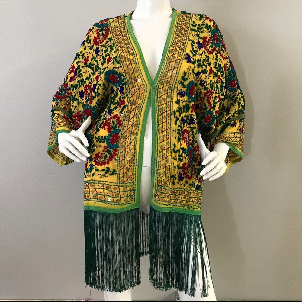 Beautiful Embroidered Fringe Yellow Robe/Jacket - Picture 2 of 7